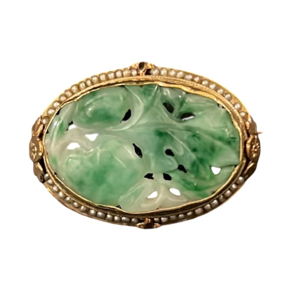 Antique Art Deco Gold Apple Jade Floral Cherry Blossom Pearl Lined Cameo Brooch - Picture 2 of 16